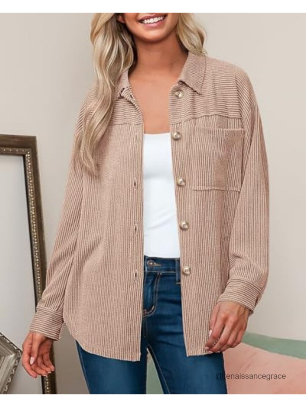 Women's Textured Oversized Button Down Shirt Long Sleeve V-Neck
